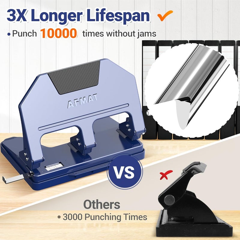 AFMAT 3 Hole Punch, 9/32" Holes, 40-Sheet 3 Hole Puncher for Binder, 50% Reduced Effort, Metal Heavy Duty Three Hole Punch w/ 10,000+ Uses, Bulit-in S.S. Paper Guide, Large Chip Tray, Blue, HPX3 - Image 4